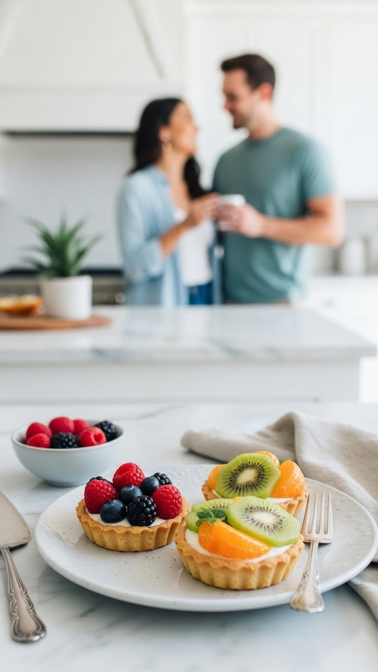 Miniature Fruit Tarts With Mixed Berries And Kiwi Slices On Ceramic Plate During Couples Baking Date With Soft Focus