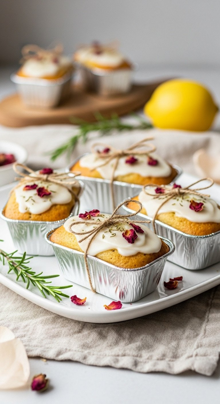Miniature Glazed Lemon/Strawberry Quick Breads With Rose Petals, Individually Wrapped, On A White Platter, Soft Light.