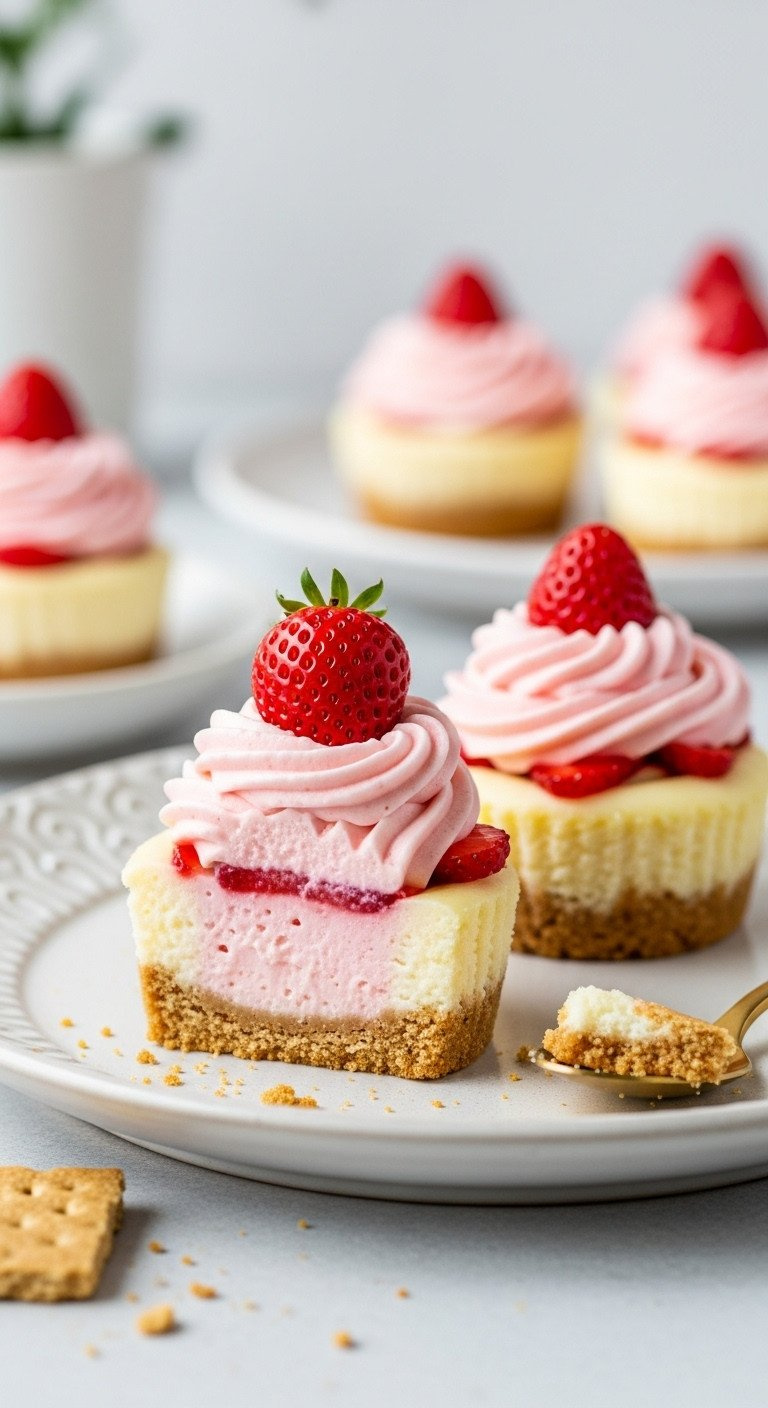 Miniature Gourmet Strawberry Cheesecake Cupcakes With Graham Crust, Strawberry Swirl, Fresh Berry On Vintage Plate, Bright Daylight.