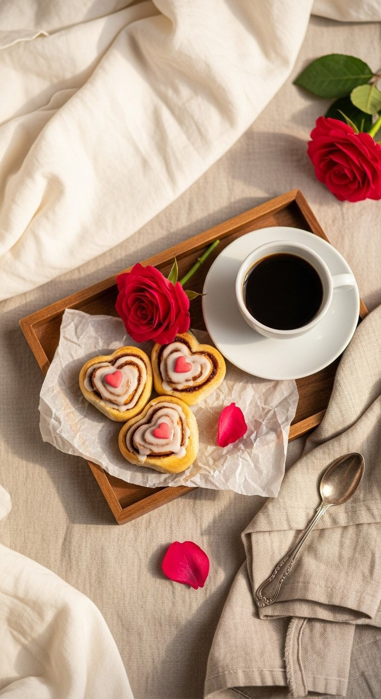 Miniature Heart-Shaped Cinnamon Rolls With Icing &Amp; Edible Hearts, Coffee, Rose On A Wooden Breakfast Tray.