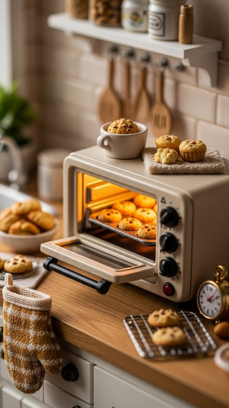 Miniature Oven With Golden-Brown Tiny Muffins Baking Inside, Glowing Warm Light Creating Cozy Kitchen Atmosphere With Soft Shadows.