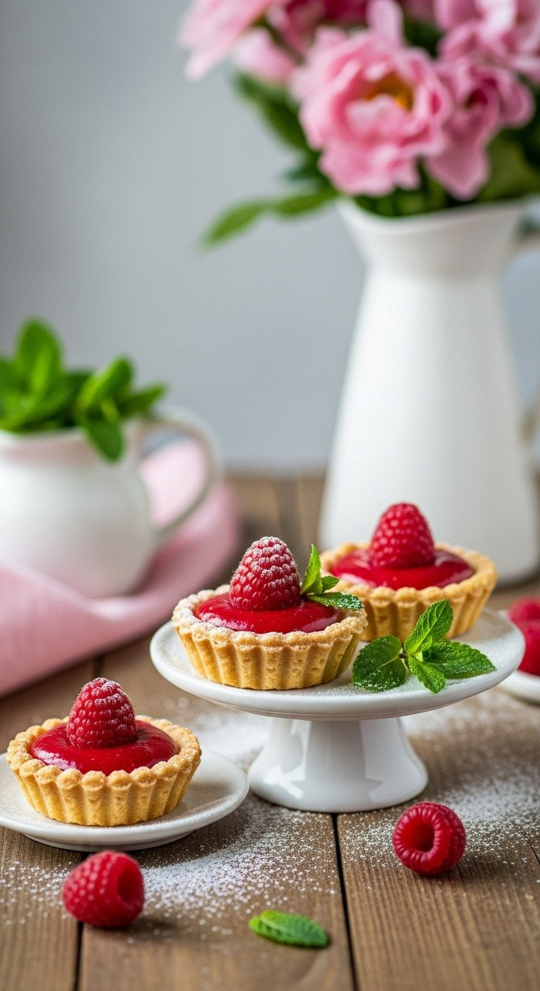 Miniature Raspberry Tarts With Flaky Pastry, Vibrant Curd, Fresh Raspberries On A Cake Stand. Powdered Sugar, Mint. Soft Light.
