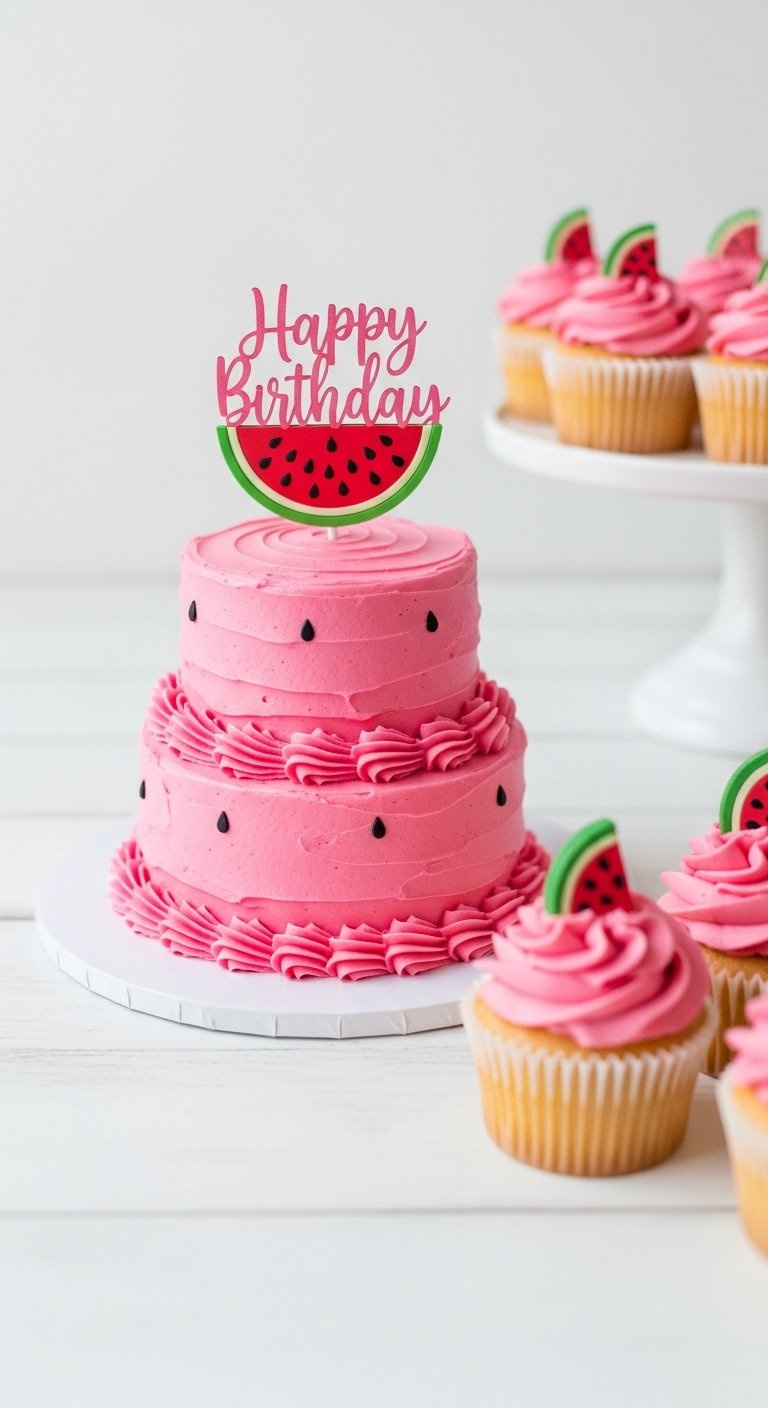 Miniature Two-Tier Pink Buttercream Smash Cake Topped With Watermelon Slice And Matching Cupcakes.