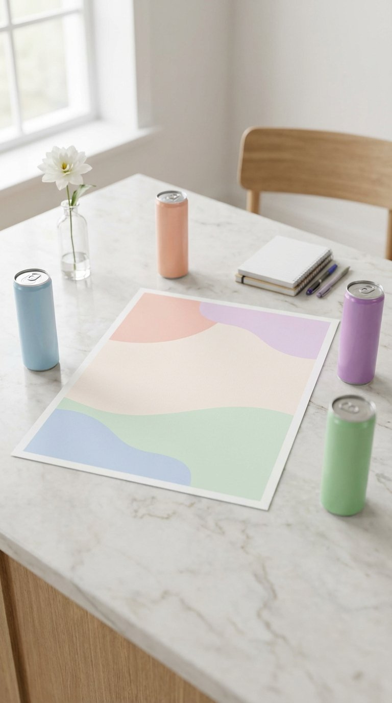 Minimalist Celsius Energy Drink Homecoming Poster With Pastel Colors And Neatly Arranged Cans On Light Wooden Desk