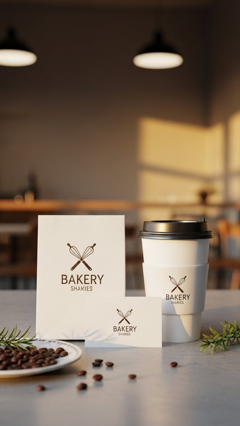 Minimalist Bakery Branding Suite Featuring Elegant Rolling Pin Logo On Business Cards And Coffee Sleeves