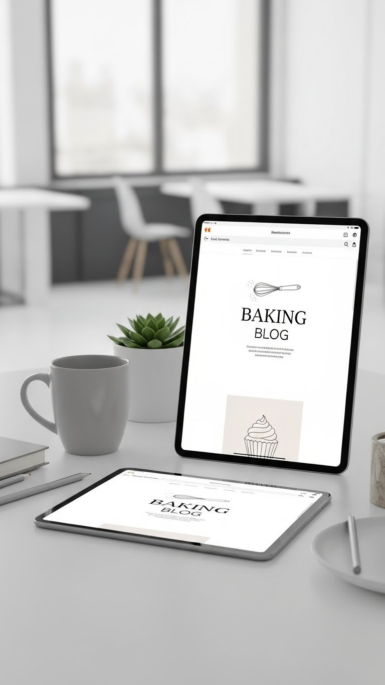 Minimalist Baking Blog Header Design Featuring Elegant Whisk Line Art On Tablet Screen