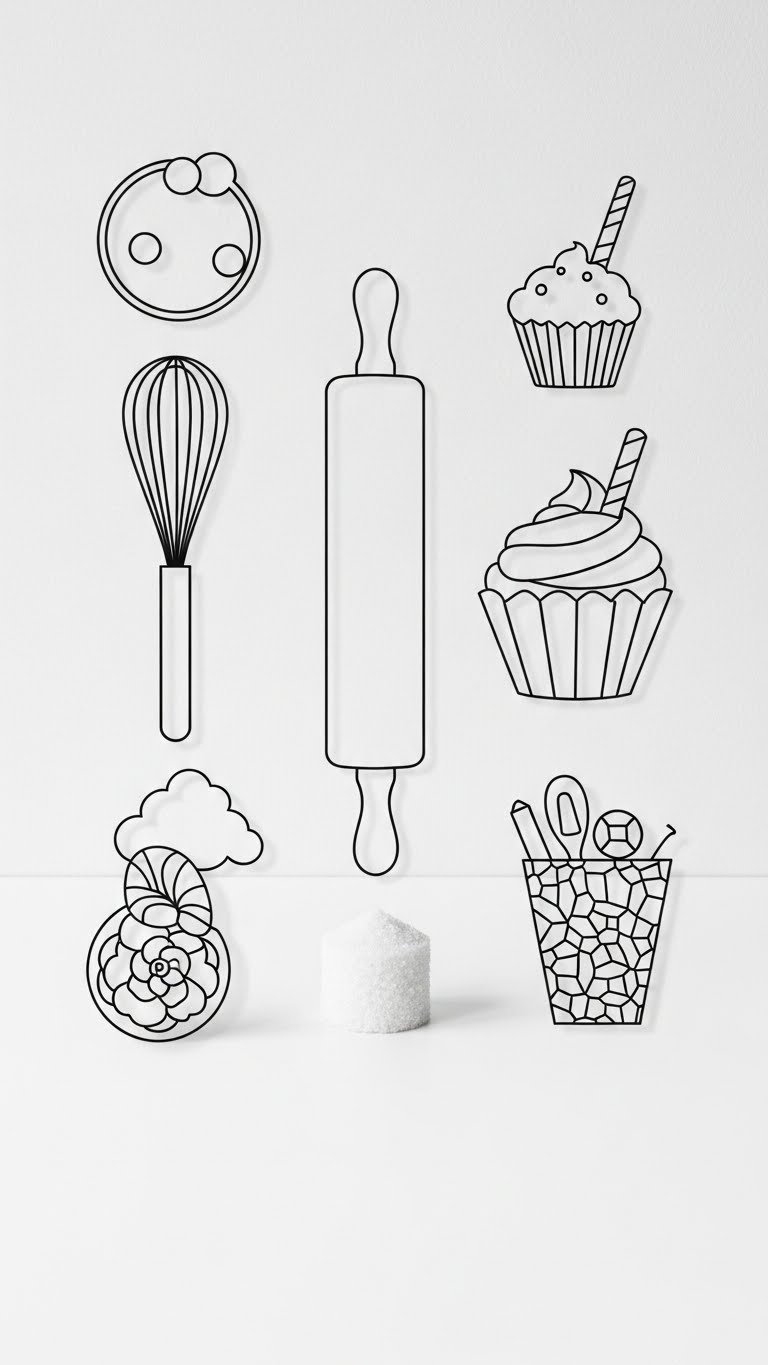 Minimalist Baking Icons With Clean Outlines Of Whisk And Cupcake In Monochrome Palette On Crisp White Background