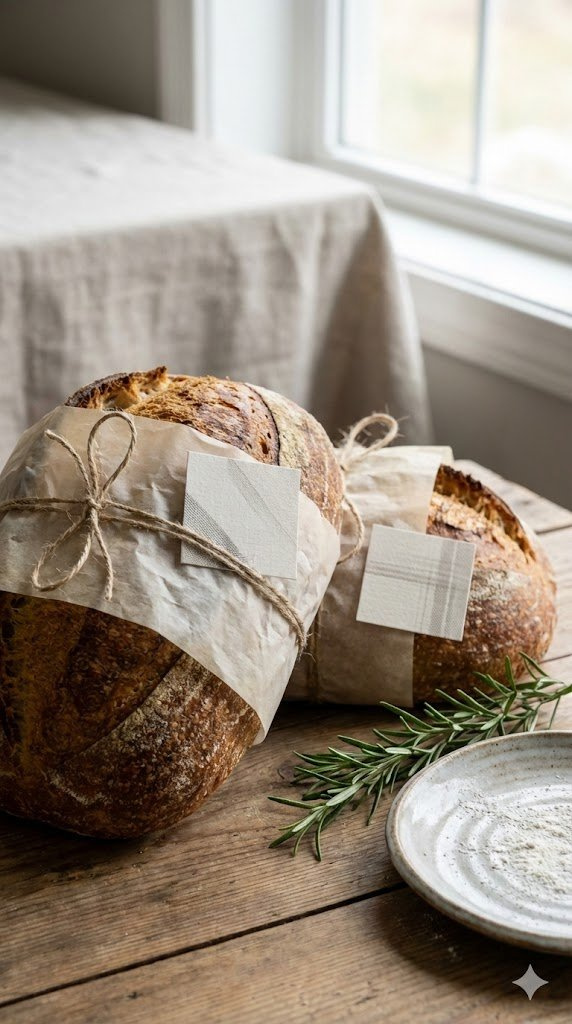 Minimalist Baking Labels On Parchment-Wrapped Sourdough Bread With Rosemary Sprig On Rustic Wooden Table In Natural Light.