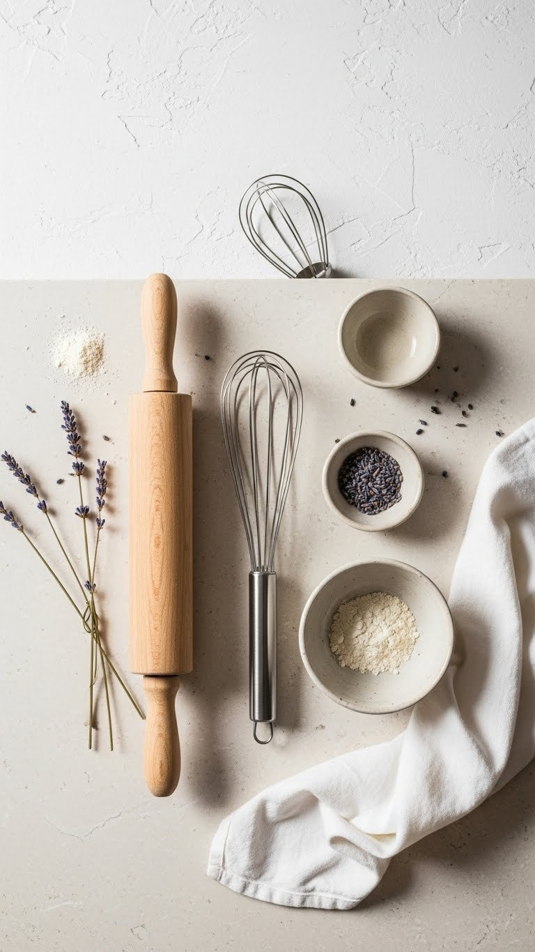 Minimalist Baking Tools Including Wooden Rolling Pin And Stainless Steel Whisk Arranged On Light Beige Marble Countertop