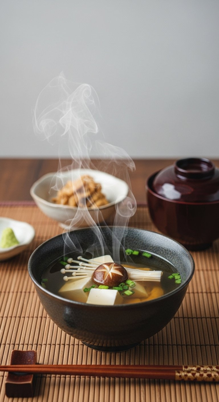 Minimalist Bowl Of Clear Japanese Dashi Broth With Tofu And Enoki Mushroom Floating In A Dark Earthenware Bowl.