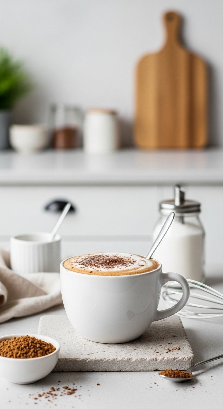 Minimalist Ceramic Mug Of Frothy Instant Coffee With Cocoa Dusting On A Textured Stone Surface.
