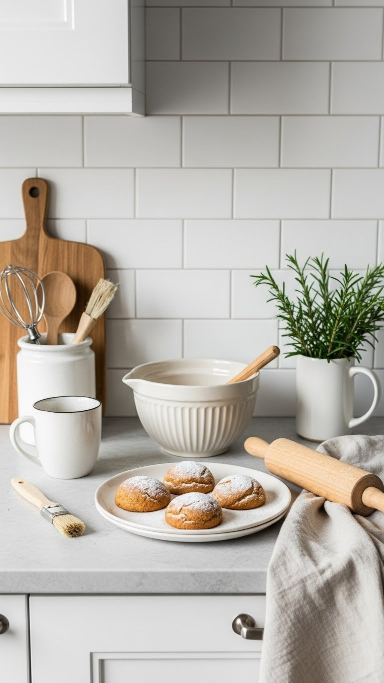 Minimalist Kitchen Counter With Ceramic Mixing Bowl And Wooden Rolling Pin On Light Grey Marble Countertop