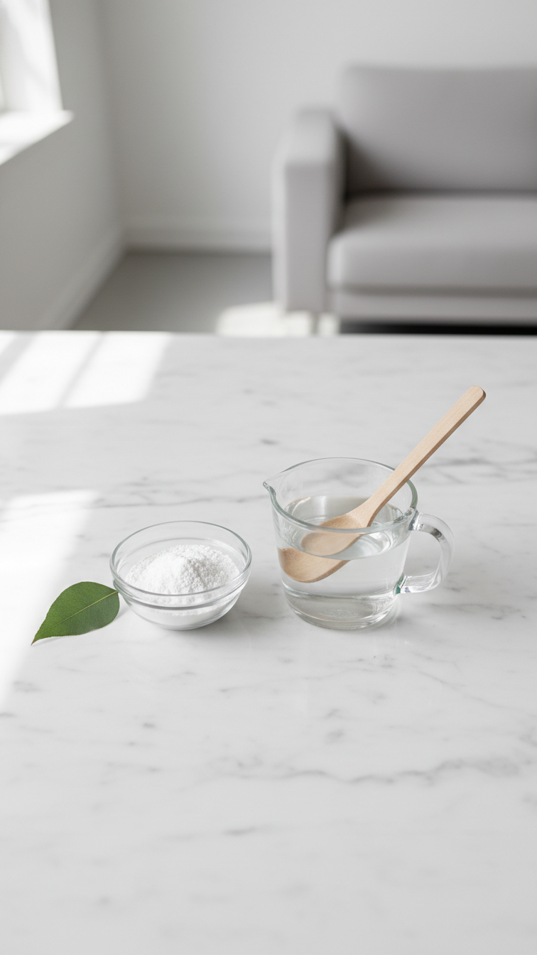 Minimalist Kitchen Counter With Glass Bowl Of Baking Soda And Measuring Cup Of Water For Diy Hair Wash Recipe On Marble Surface