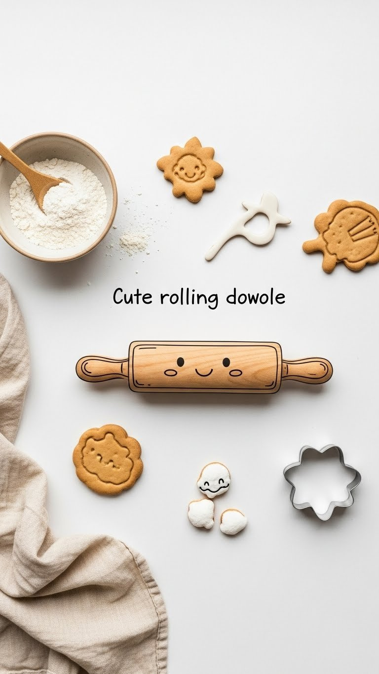 Minimalist Rolling Pin Doodle Outline On White Background With Flour Bag And Cookie Cutter In Flat Lay Composition