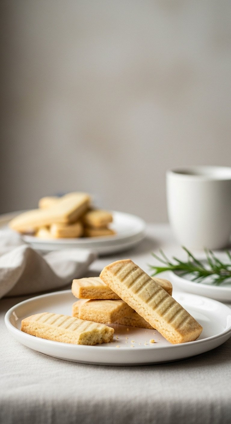 Minimalist Scene Of Rectangular Dairy-Free Shortbread Cookies Stacked On A White Ceramic Plate Next To A Cup Of Hot Tea.