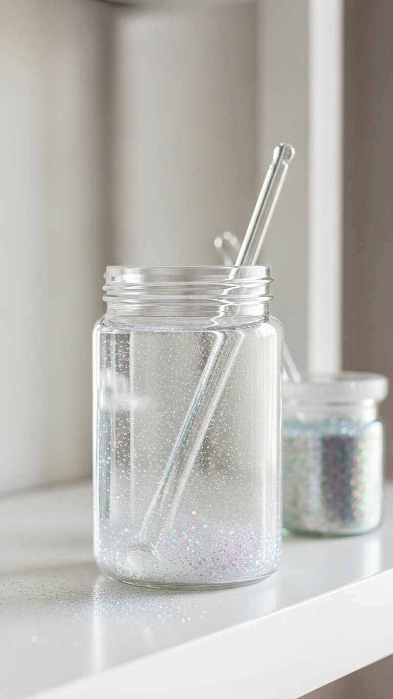 Minimalist Shimmering Stardust Container With Iridescent Glitter And Subtle Baking Soda Cloudiness In Elegant Glass Jar