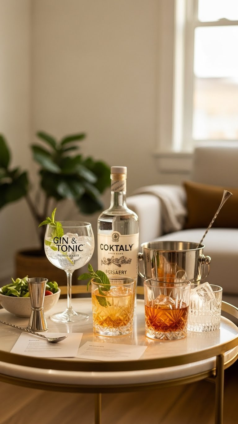 Minimalist Signature Cocktail Station Featuring Gin And Tonic Components On Stylish Bar Cart With Elegant Glasses And Mixers