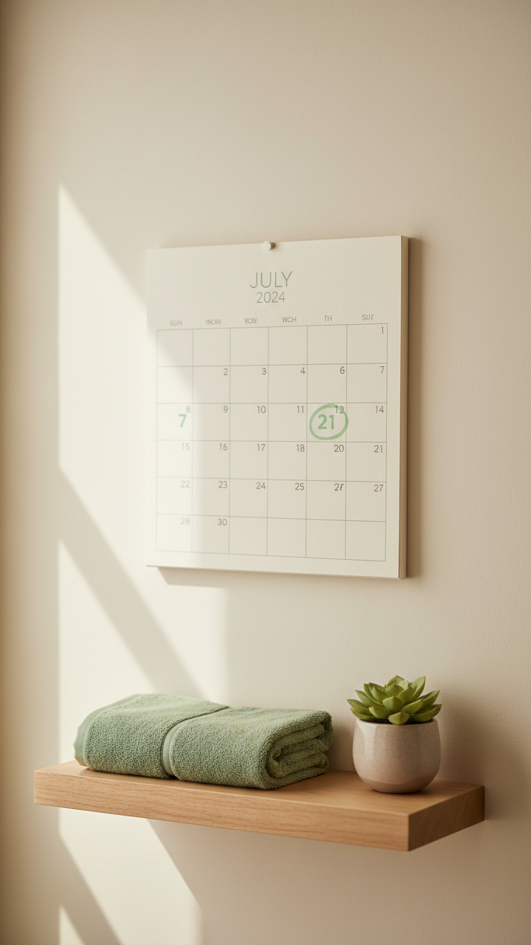 Minimalist Wall Calendar With Circled Wash Days On Textured Wall With Microfiber Towel And Green Plant Nearby