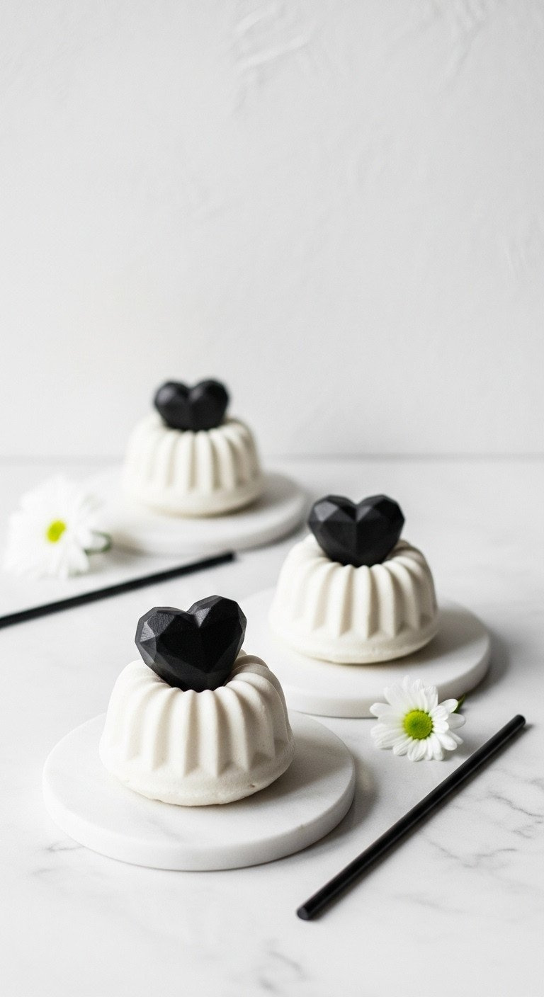 Minimalist White Bundt Cakes With Dark Geometric Heart Shapes, On A Marble Countertop With A Crisp White Flower.
