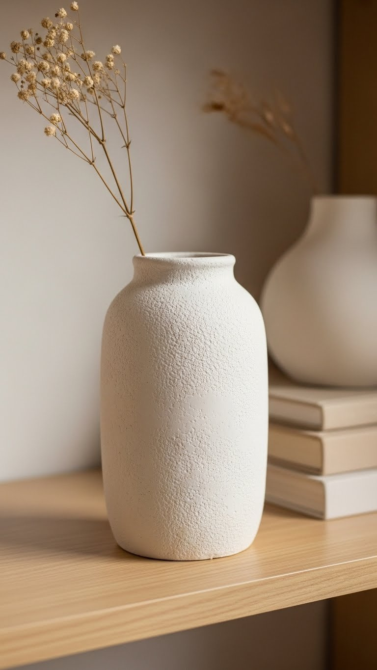 Minimalist White Textured Baking Soda Paint Vase With Faux Ceramic Finish On Wooden Shelf