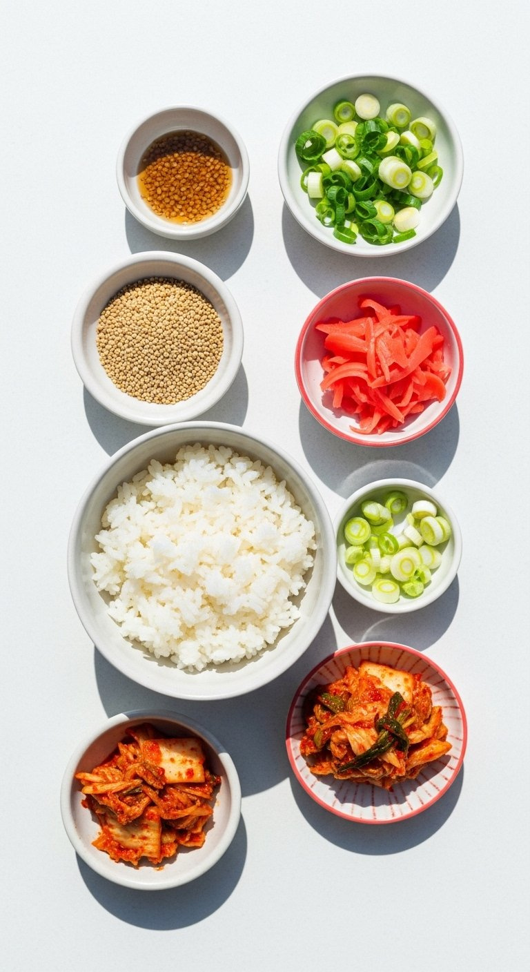 Mise En Place Setup Featuring Small Bowls Of Sesame Seeds, Green Onions, Pickled Ginger, And Kimchi.