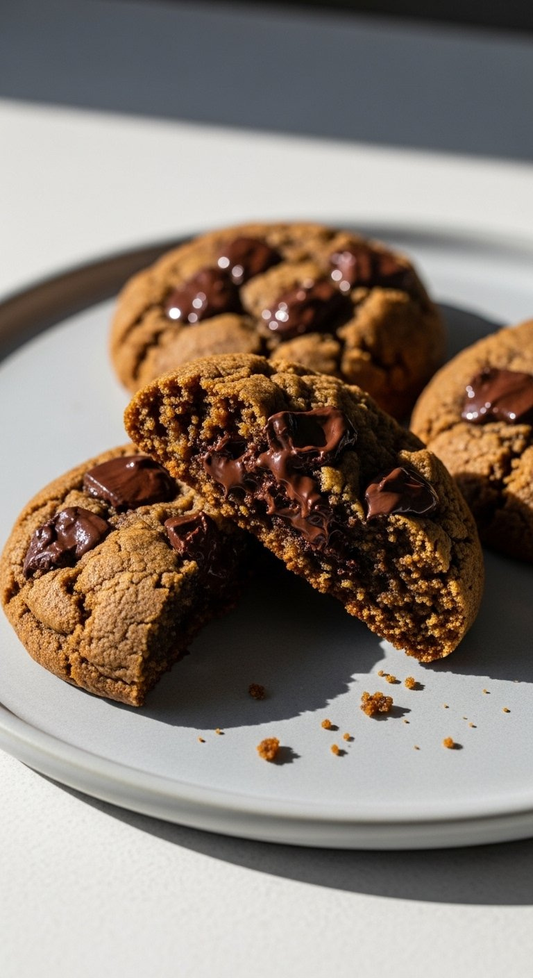 Miso Dark Chocolate Chunk Cookie Broken Open To Showcase Chewy Dense Interior And Glistening Chocolate Pockets On Minimalist Ceramic Plate.