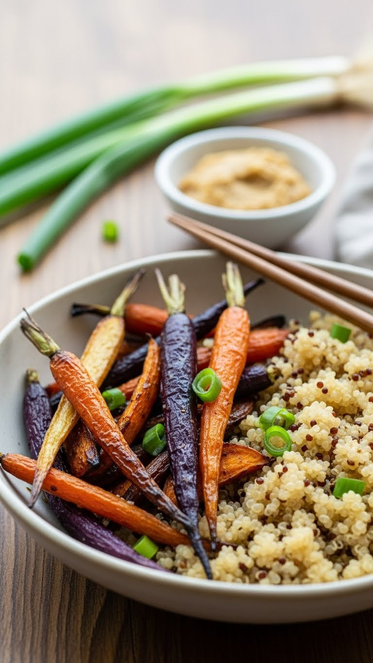 Miso Roasted Root Vegetables With Carrots, Parsnips, And Quinoa In Rustic Ceramic Bowl With Savory Glaze.