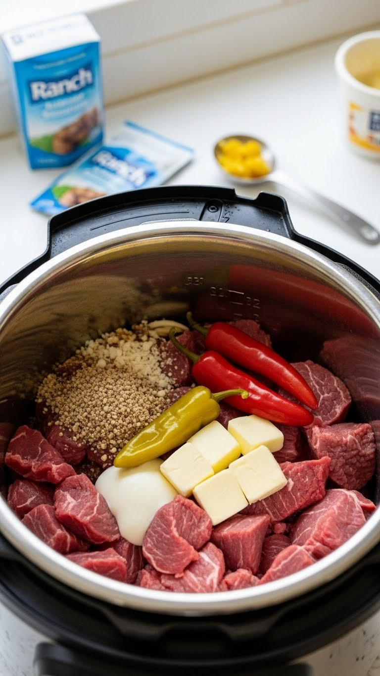 Mississippi Pot Roast Ingredients Like Seared Beef, Ranch Seasoning, Au Jus, Pepperoncinis, And Butter Layered In An Instant Pot.
