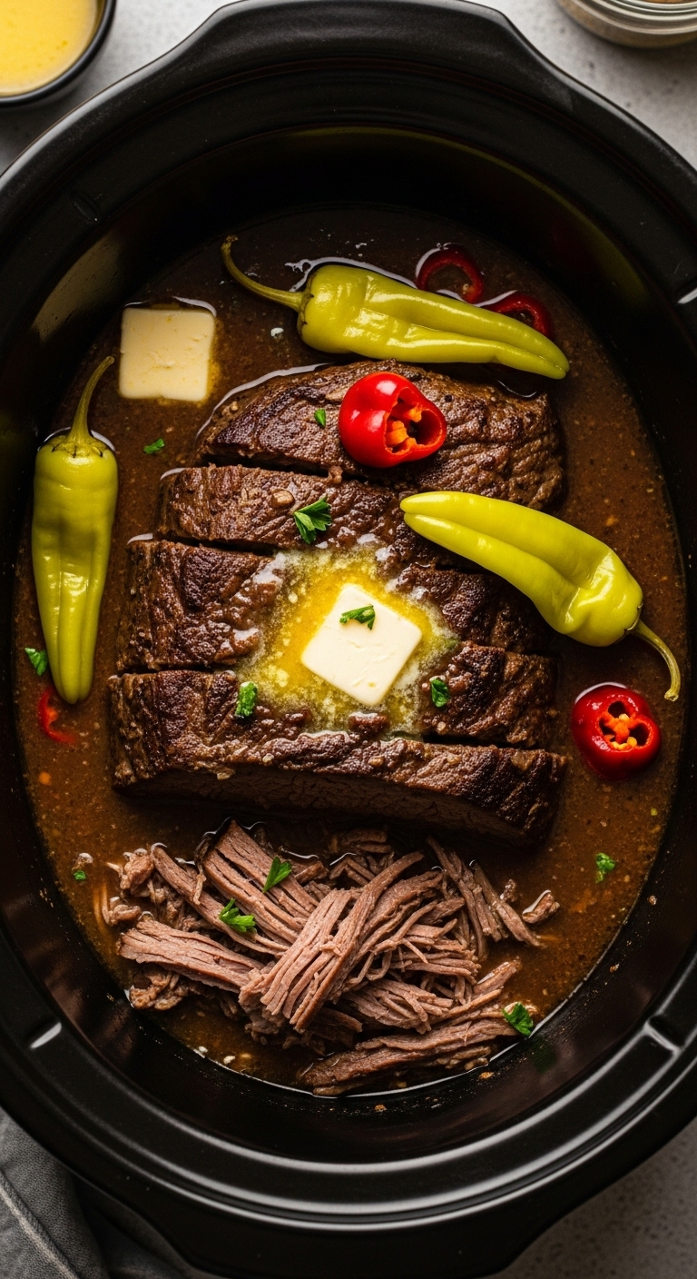 Mississippi Pot Roast In Slow Cooker With Gravy And Pepperoncini Peppers