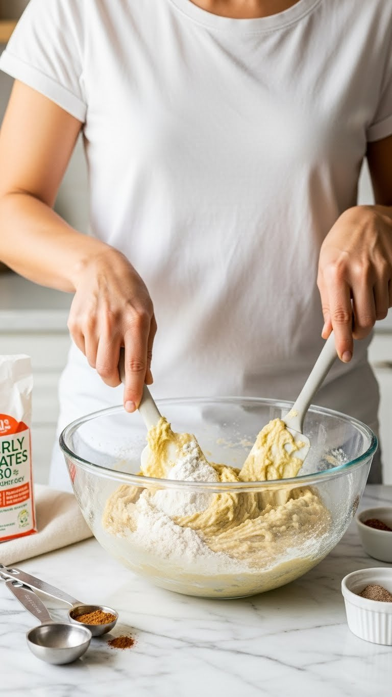 Mixing Banana Zucchini Bread Batter In Glass Bowl With Silicone Spatula Folding Wet And Dry Ingredients