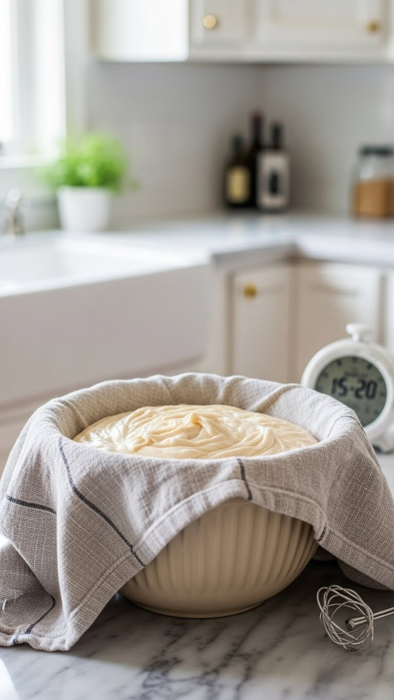 Mixing Bowl With Smooth Batter Covered By Kitchen Towel Resting On Countertop For Preparation Step