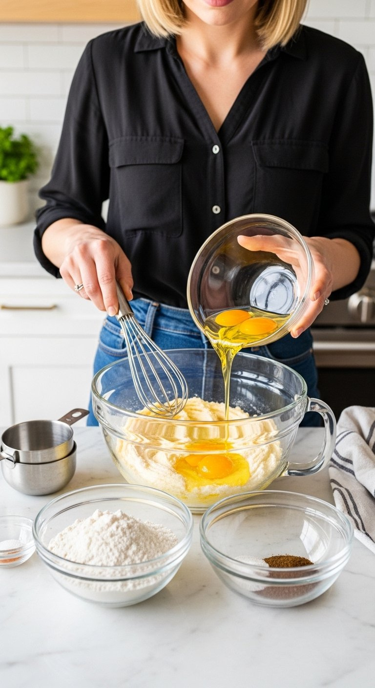 Mixing Wet And Dry Ingredients For Cookie Dough In Bowls On A White Marble Counter.