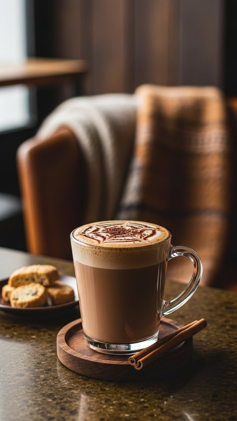 Mocha Hazelnut Latte In Clear Glass Mug With Frothy Top And Cocoa Powder On Dark Wooden Coaster