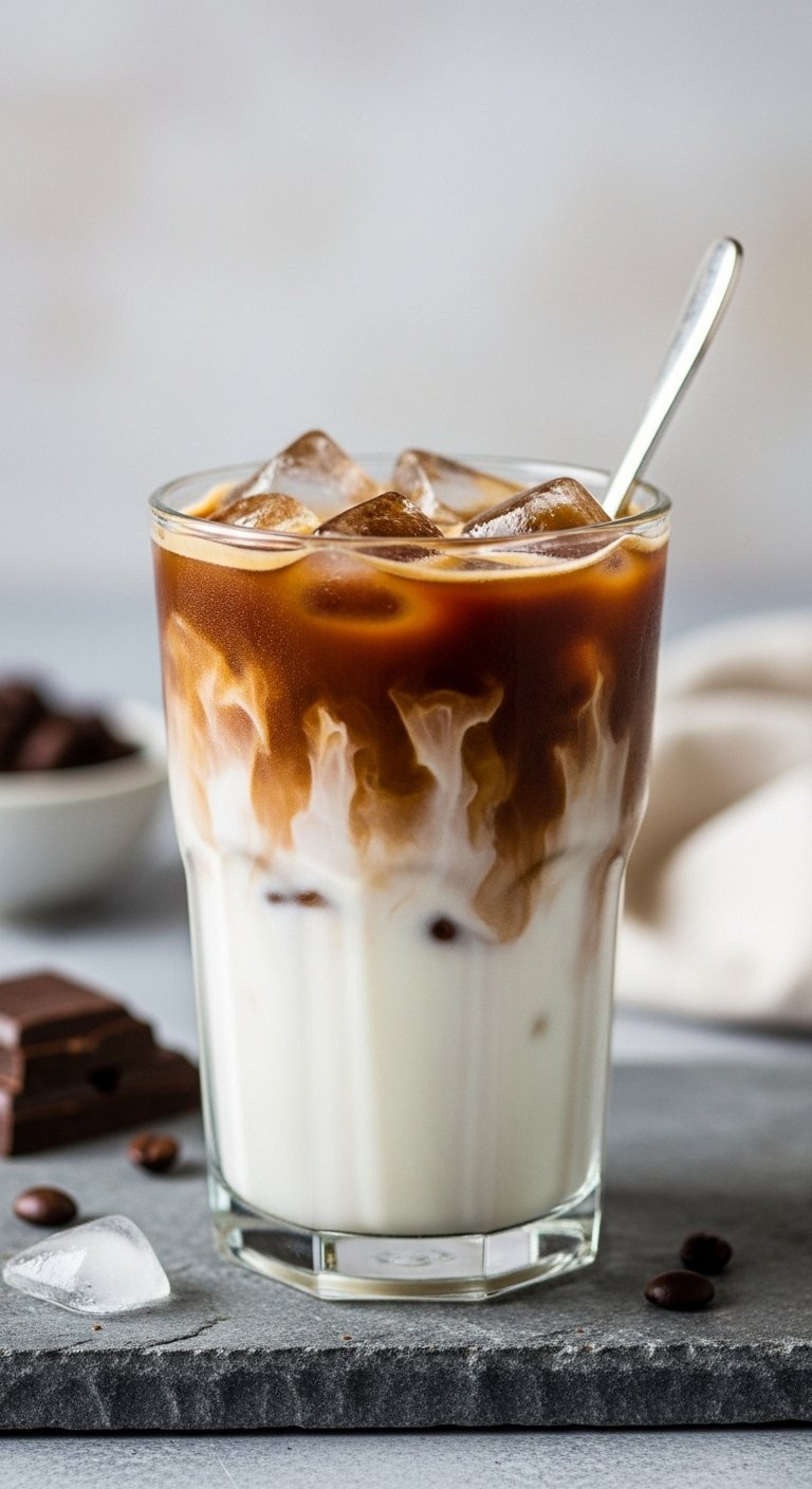 Mocha Swirl Iced Latte With Chocolate Swirls And Ice On A Cool Stone Surface.