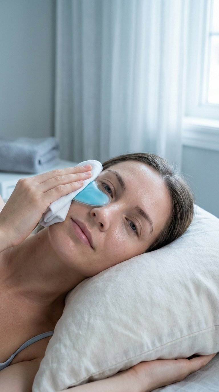 Model Holding Cool Compress To Under-Eye Area Showing Puffiness Reduction And Refreshed Skin In Serene Bedroom Setting