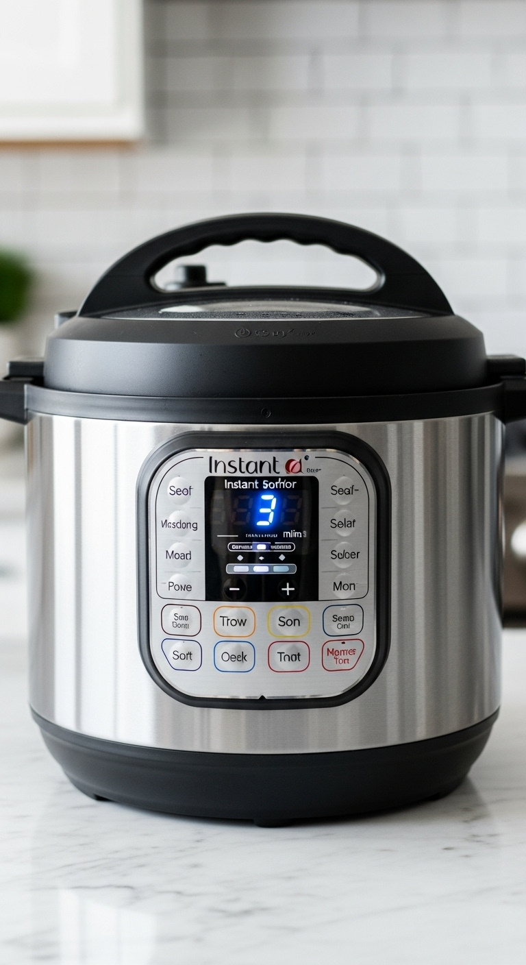 Modern Instant Pot With Lid Secured, Digital Timer Set To 3 Minutes, And Sealed Steam Valve On Marble Countertop