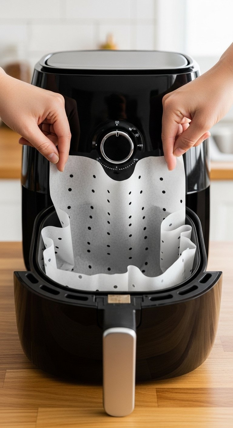 Modern Air Fryer Basket Lined With Perforated Parchment Paper On A Wooden Countertop.