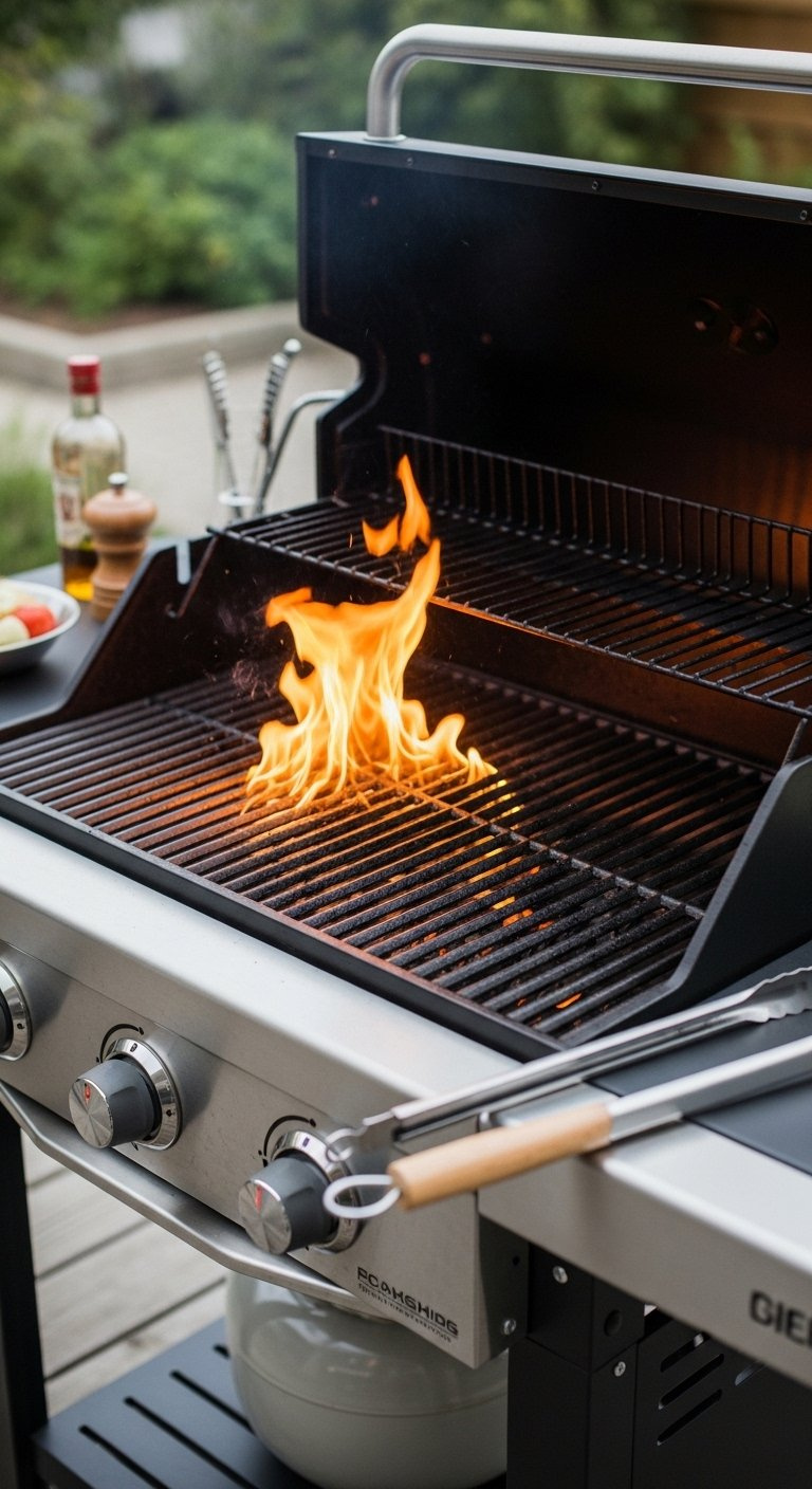 Modern Barbecue Grill Preheated With Glowing Hot Coals And Oiled Grates Ready For Cooking On A Wooden Deck.
