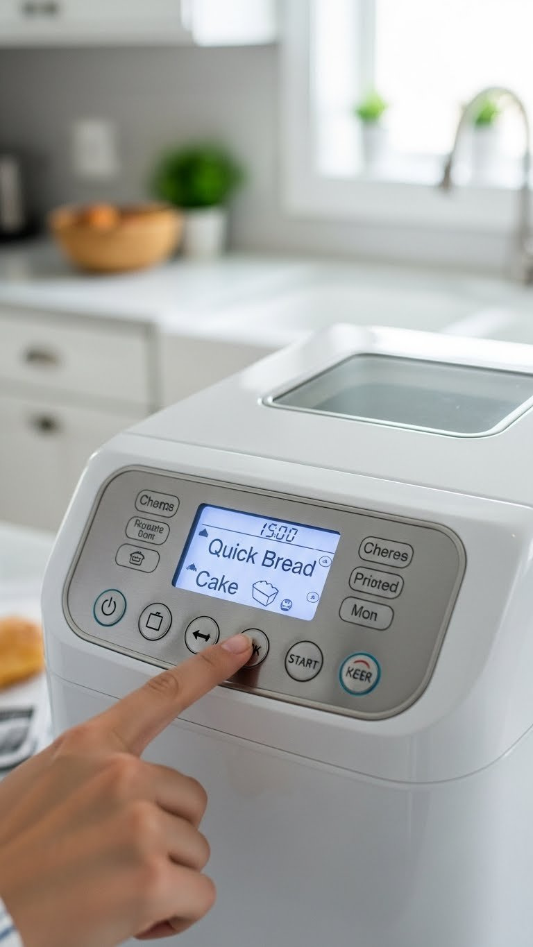 Modern Bread Machine Display Panel Showing Quick Bread Or Cake Cycle Selected With Illuminated Screen