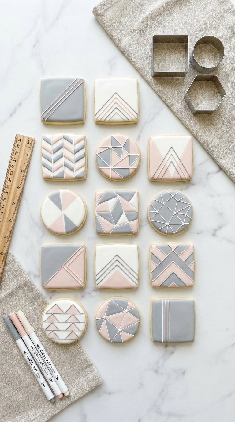 Modern Geometric Patterned Sugar Cookies With Monochromatic Royal Icing On Marble Countertop