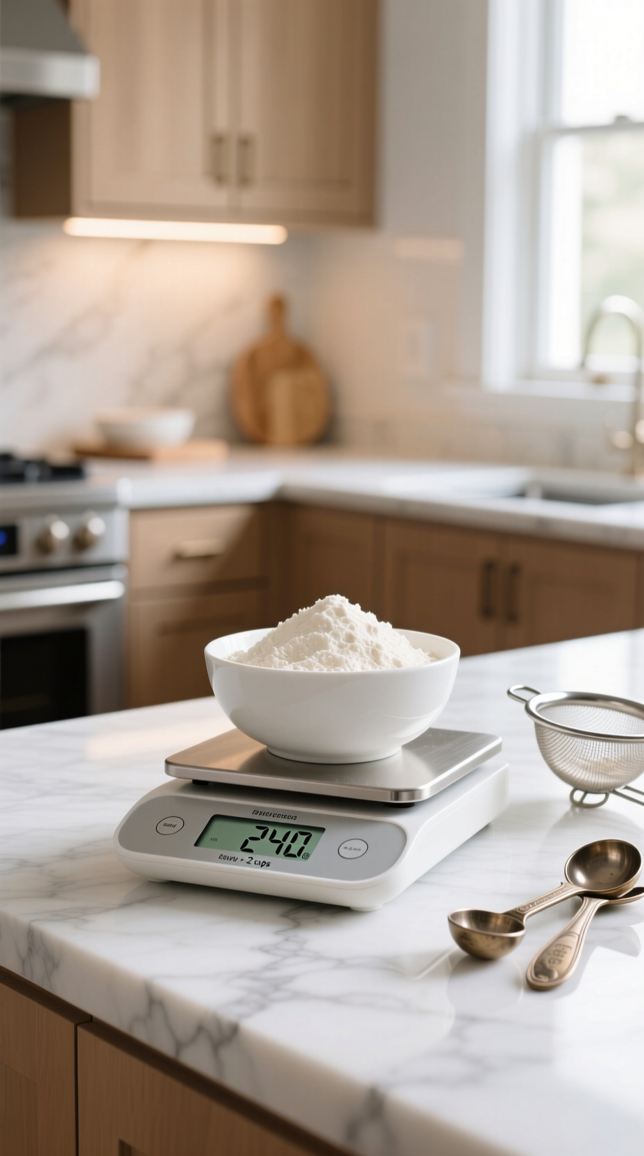 Modern Kitchen Scale Precisely Weighing Flour In A Bowl On A Marble Countertop, Sifter, Measuring Spoons, Bright Kitchen.