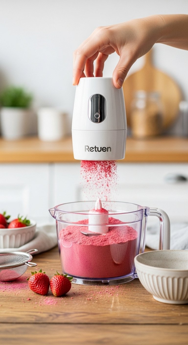 Modern Mini Food Processor Filled With Vibrant Pink Strawberry Powder Next To Whole Dried Strawberries On A Wooden Table.