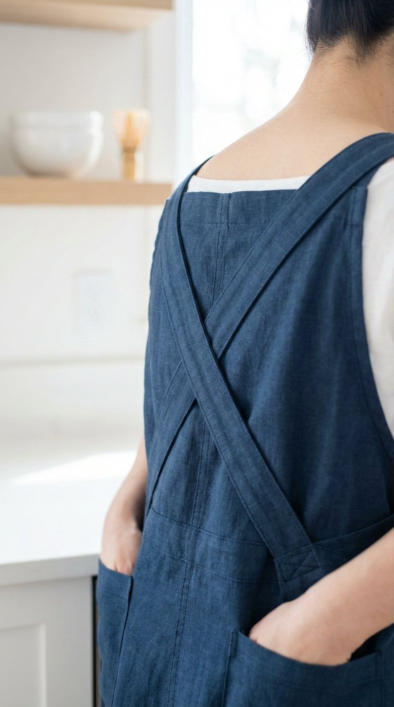 Modern Minimalist Cross-Back Apron Worn From Behind In Clean Bright Kitchen With Monochromatic Blue And White Palette