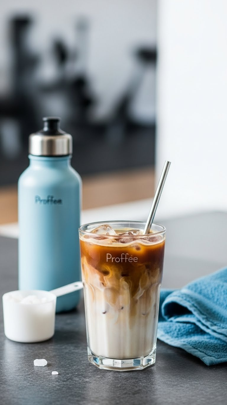 Modern Protein Coffee Proffee In Glass With Smooth Coffee-Protein Mixture On Stone Surface With Fitness Accessories.