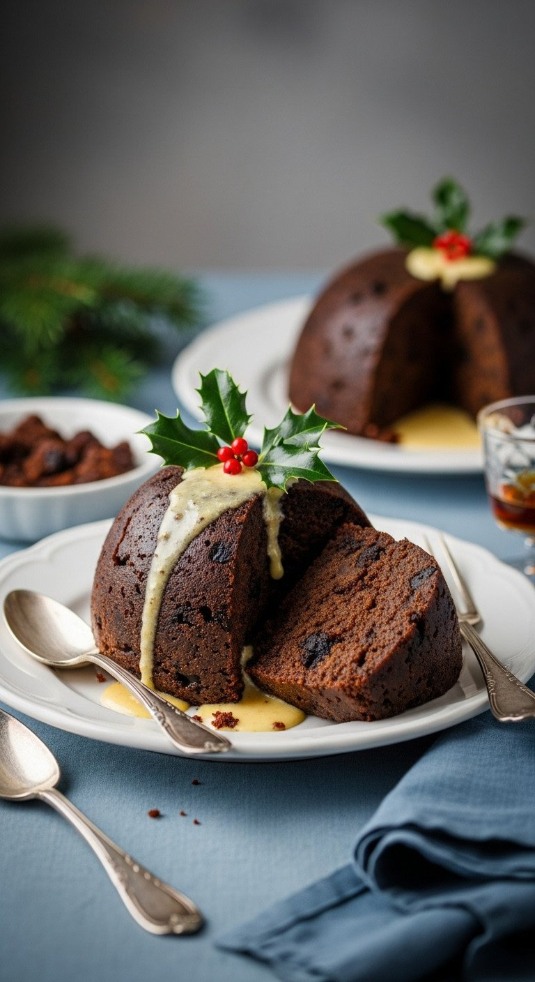 Moist Christmas Pudding With Holly, Drizzled Brandy Butter, Fruit-Studded Interior In A White Basin, Festive Blue Tablecloth.