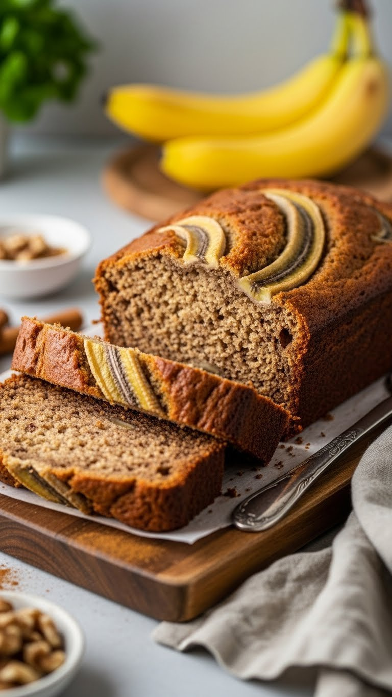 Moist Greek Yogurt Banana Bread Slice With Visible Banana Flecks On Rustic Wooden Cutting Board
