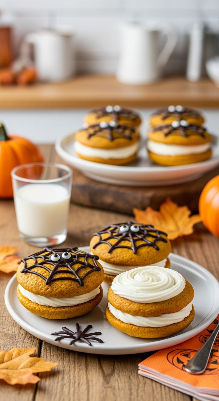 Moist Halloween Pumpkin Whoopie Pies, One With Chocolate Spiderwebs &Amp; Googly Eyes, One With Cream Cheese Frosting, Rustic Table.