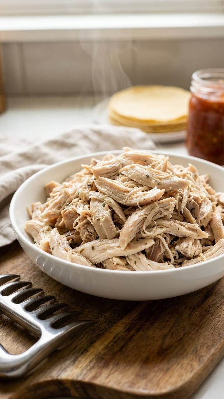 Moist Instant Pot Shredded Chicken In A White Ceramic Bowl, Showcasing Tender Texture, With Shredding Claws Visible.