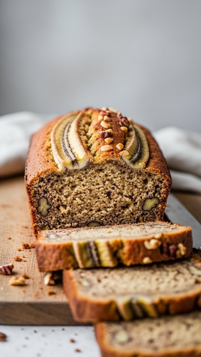 Moist Banana Bread Cross-Section On Rustic Wooden Cutting Board, Showcasing Tight Crumb, Banana Pieces, Nuts. Soft Natural Light, Homey.