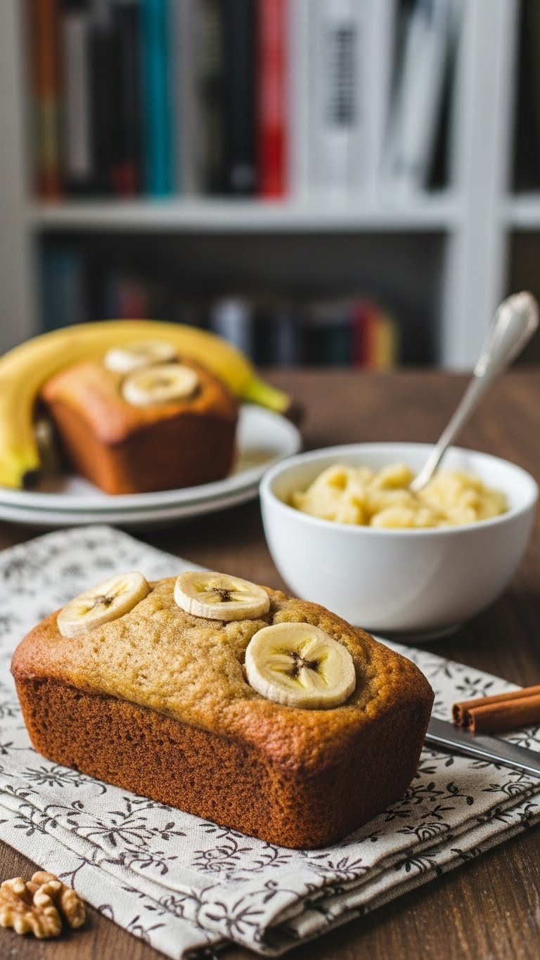 Moist Banana Bread Slice With Golden Crust, Mashed Banana Bowl With Fork On Patterned Linen Napkin Background.